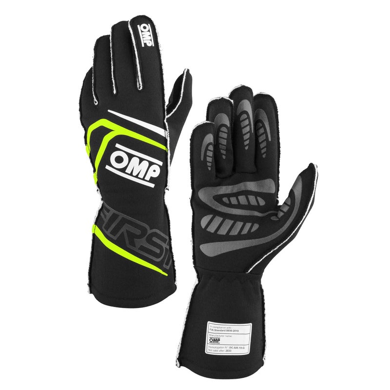 OMP Racing Driving Gloves First FIA Approved Single Layer Fire Retardant Fabric BlackFluorescent Yellow Large Pair